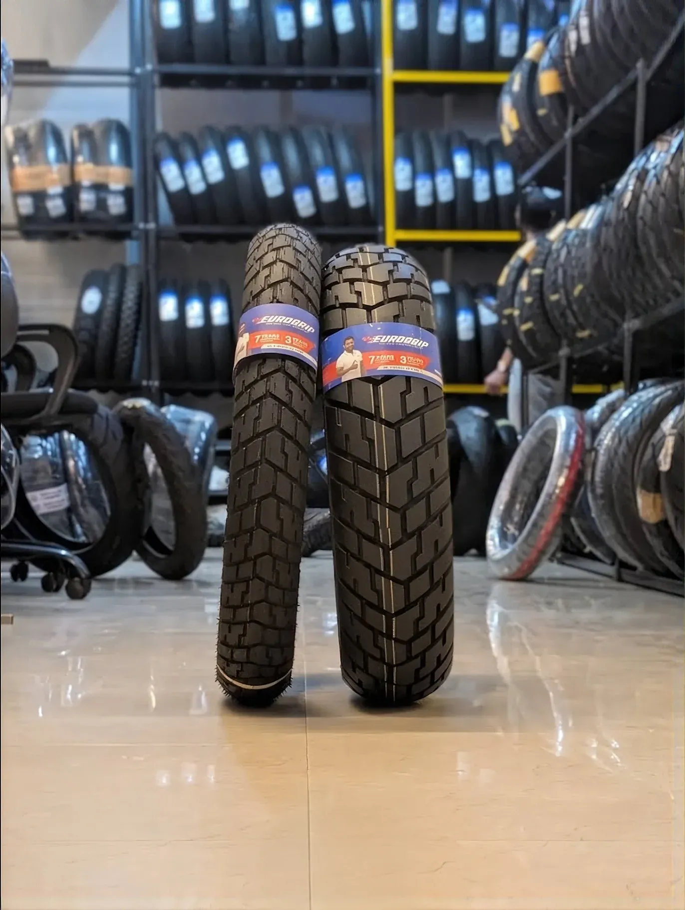 Eurogrip motorcycle tyres displayed in the Tyre Emporium showroom