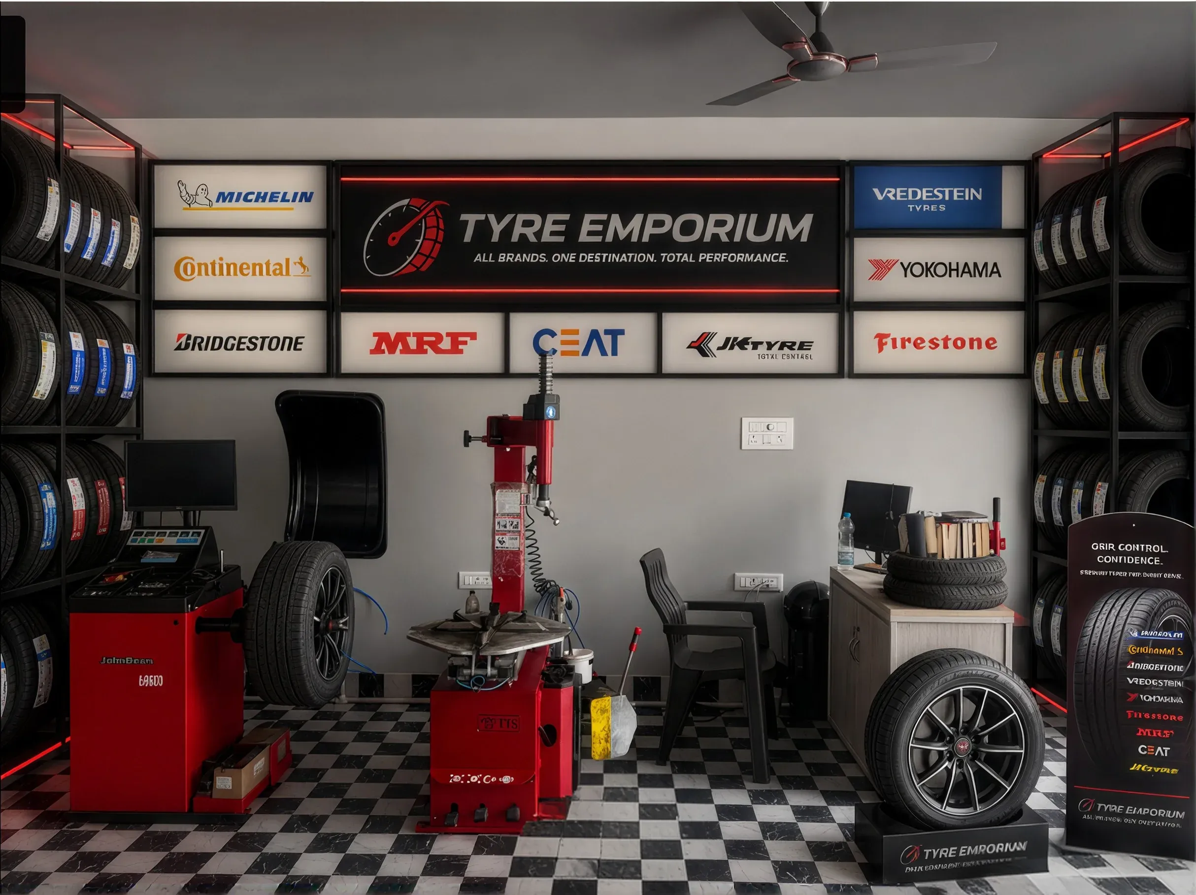 Tyre Emporium showroom with tyre brand displays